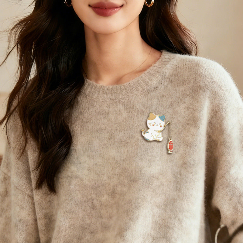 Cute Cat Fishing Creative Couple Brooch