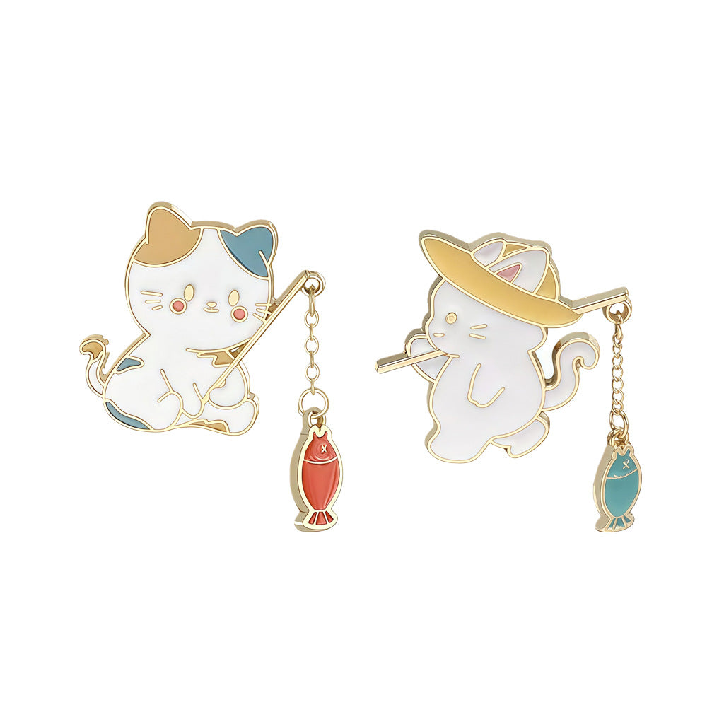 Cute Cat Fishing Creative Couple Brooch