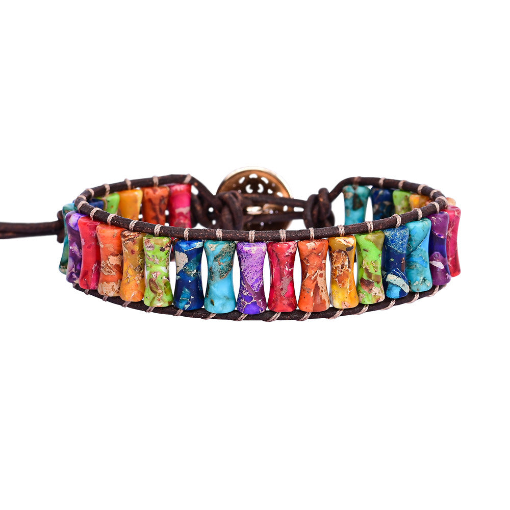 Bamboo-Section Multi-Colored Imperial Stone Cattlehide Braided Bracelet