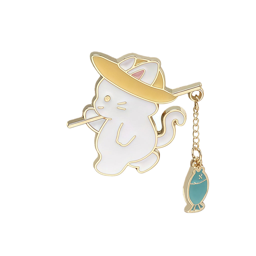 Cute Cat Fishing Creative Couple Brooch