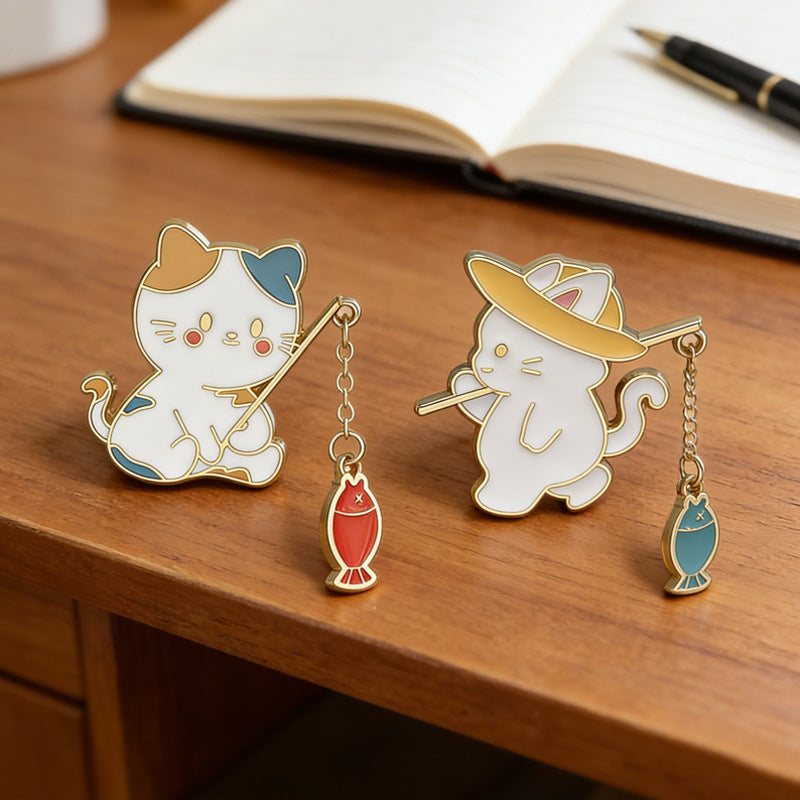 Cute Cat Fishing Creative Couple Brooch