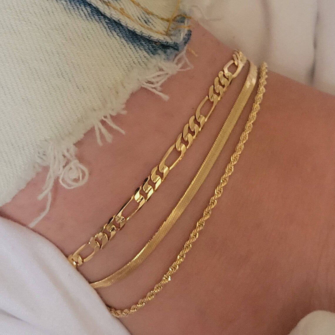 Bohemian-style Flat Snake Chain And Braided Chain Beach Multi-layer Anklet