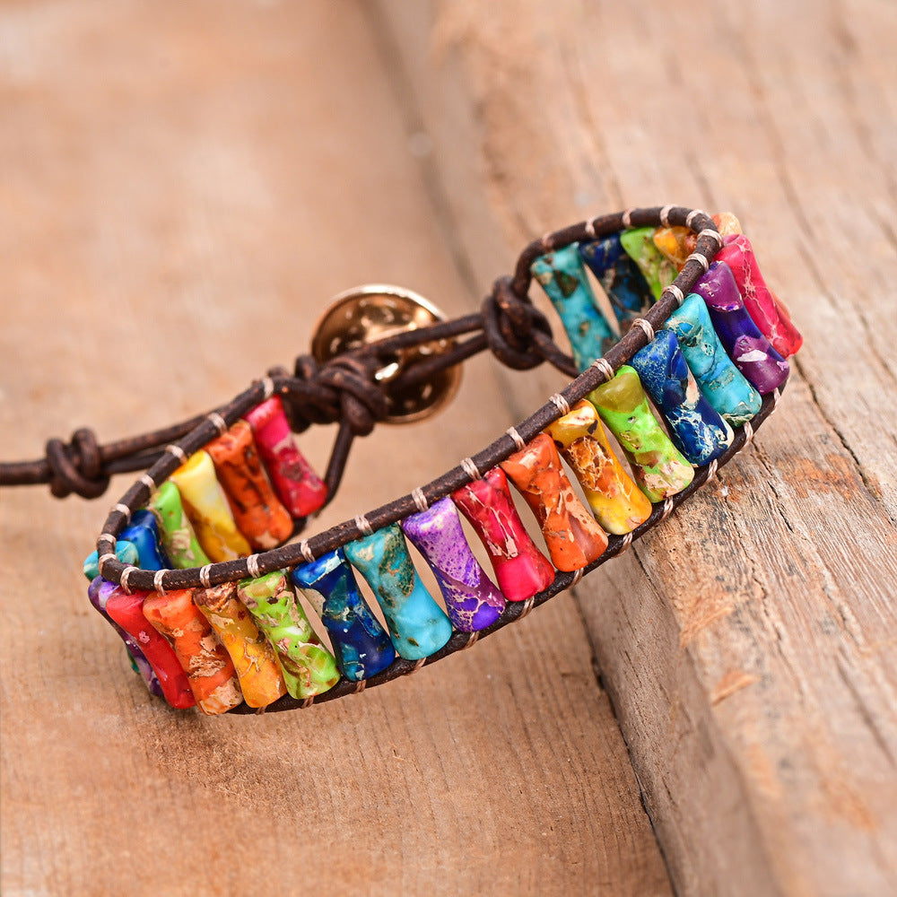 Bamboo-Section Multi-Colored Imperial Stone Cattlehide Braided Bracelet