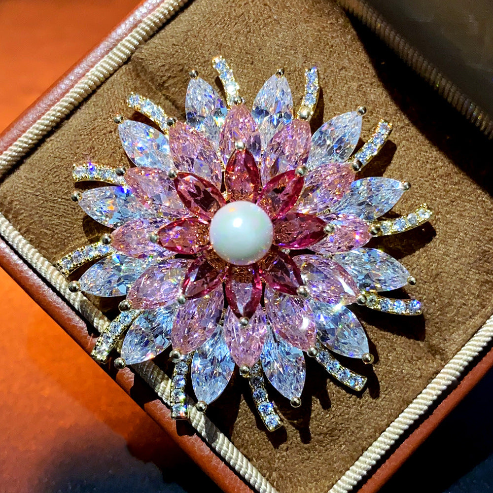 Large-Carat Colored Zircon Pearl Lotus Brooch