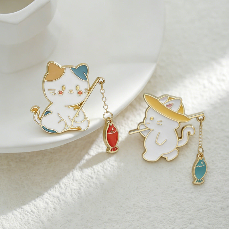 Cute Cat Fishing Creative Couple Brooch