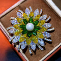 Large-Carat Colored Zircon Pearl Lotus Brooch