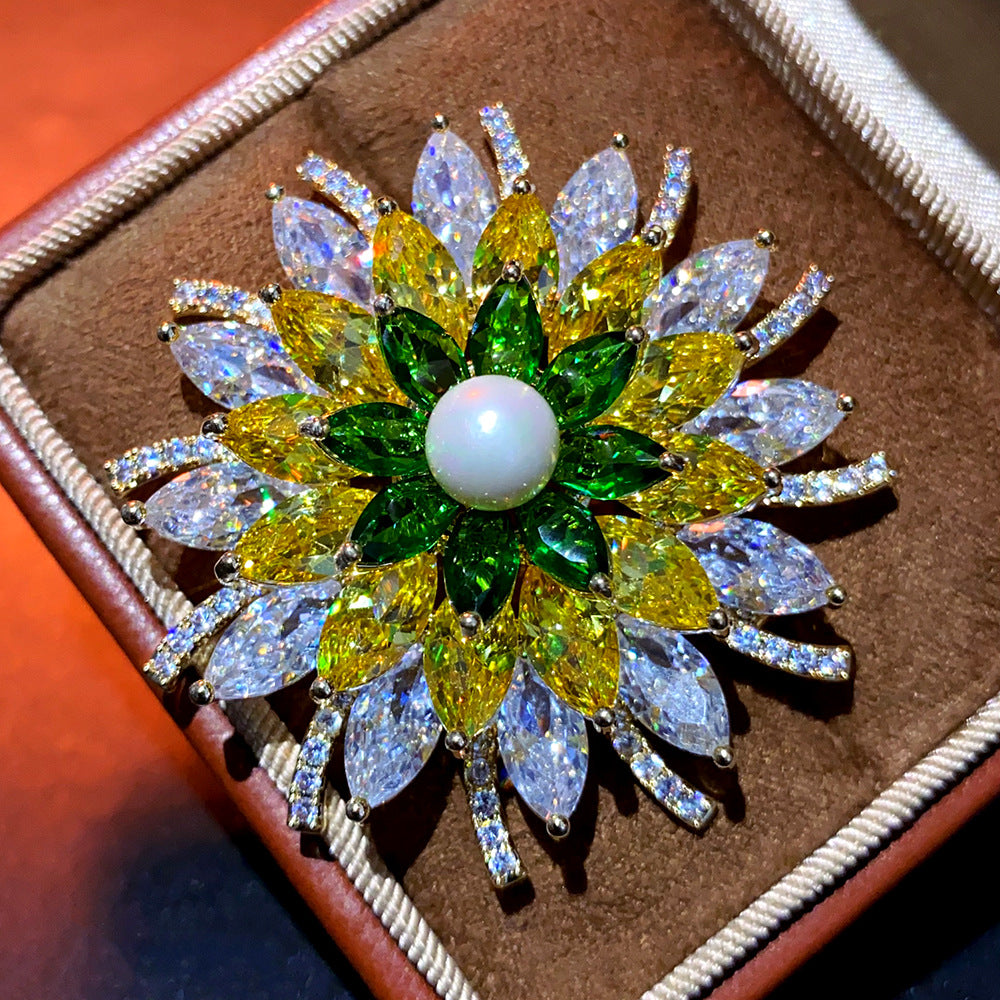 Large-Carat Colored Zircon Pearl Lotus Brooch