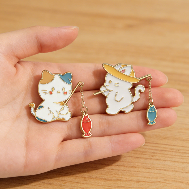 Cute Cat Fishing Creative Couple Brooch